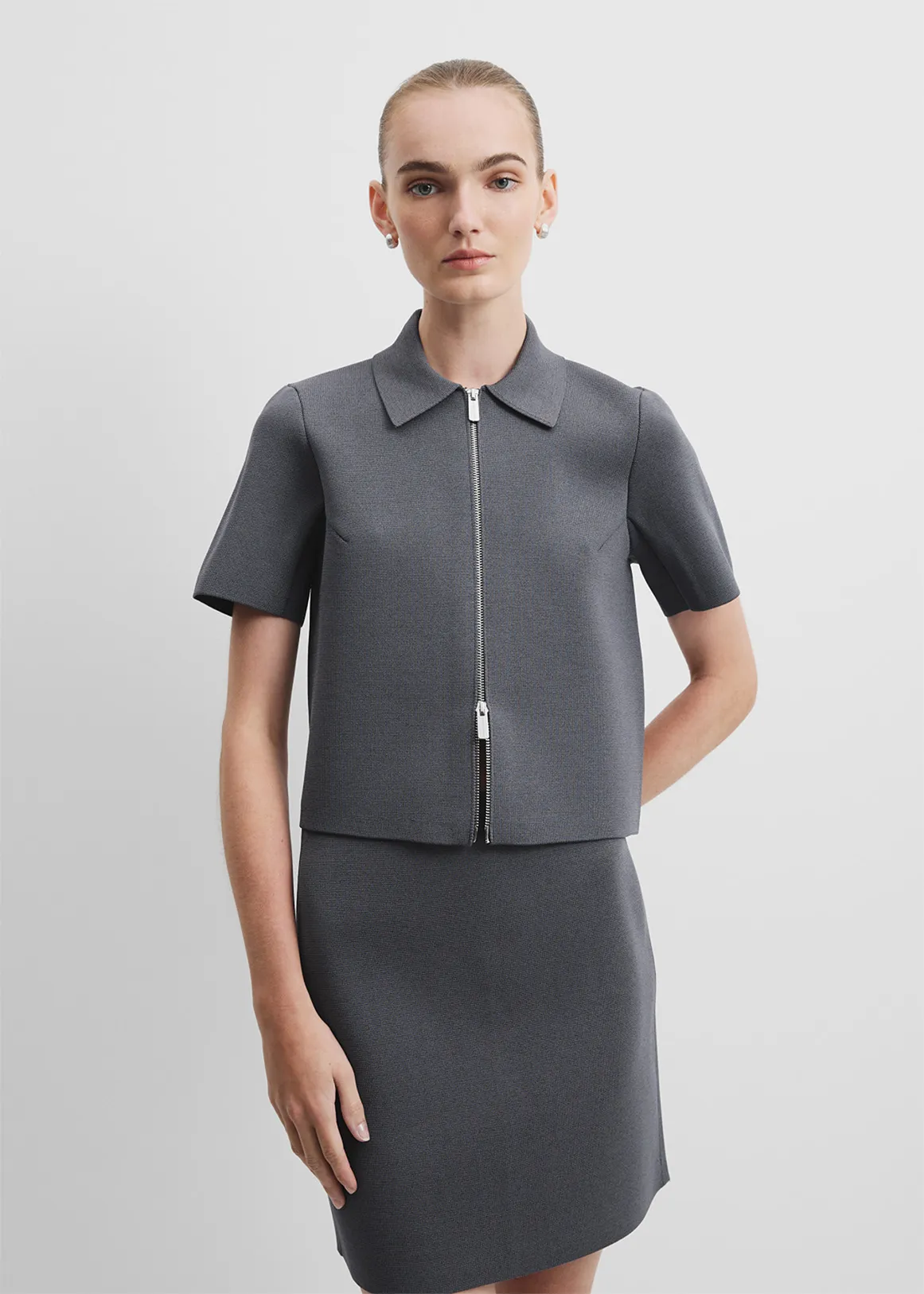 Short Sleeve Compact Zip Knit - GREY MARLE