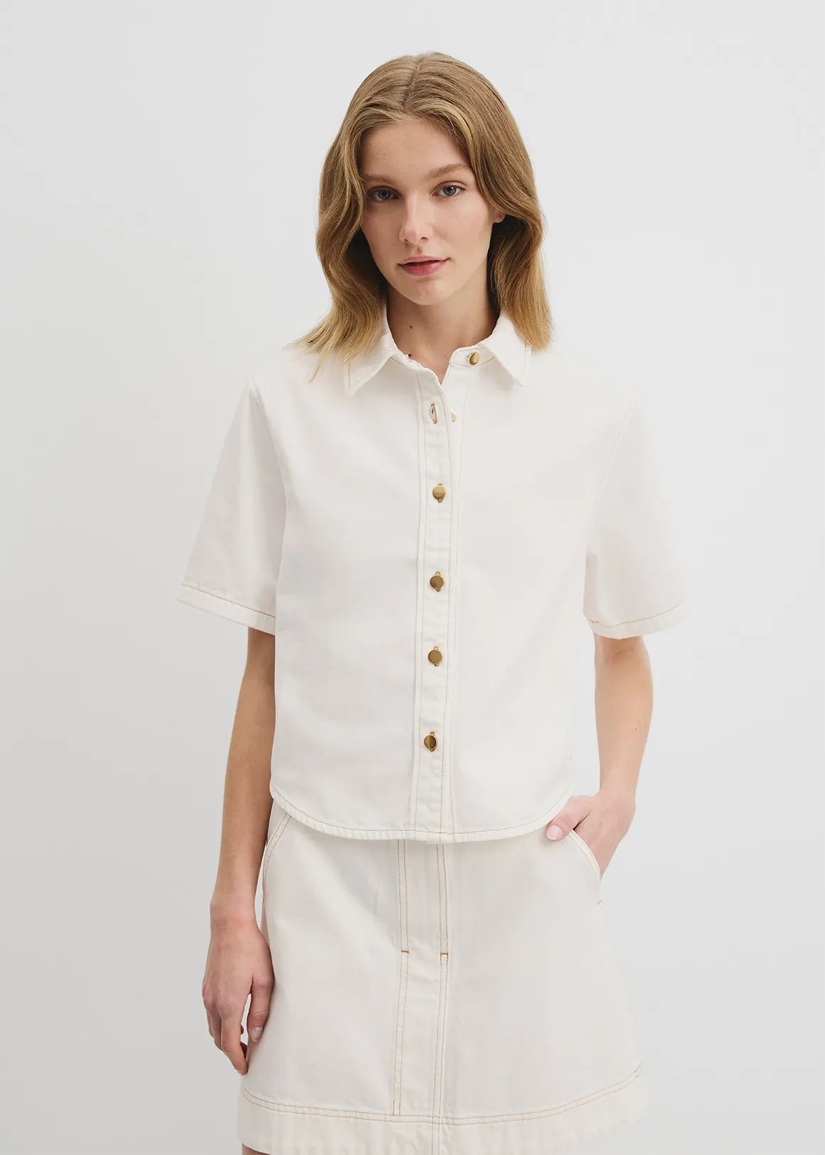 Short Sleeve Denim Shirt - WHITE