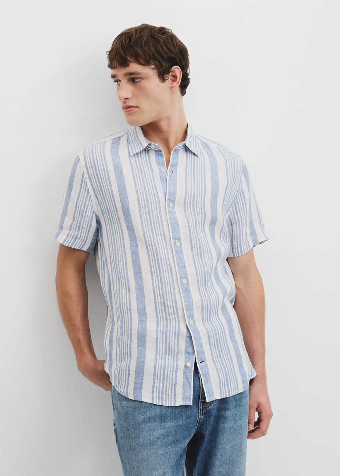 Short Sleeve Regular Fit Organically Grown Linen Stripe Shirt - DENIM BLUE