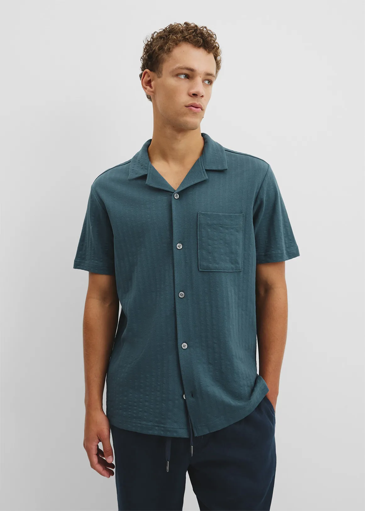 Short Sleeve Seersucker Cuban Shirt - BLUE STONE