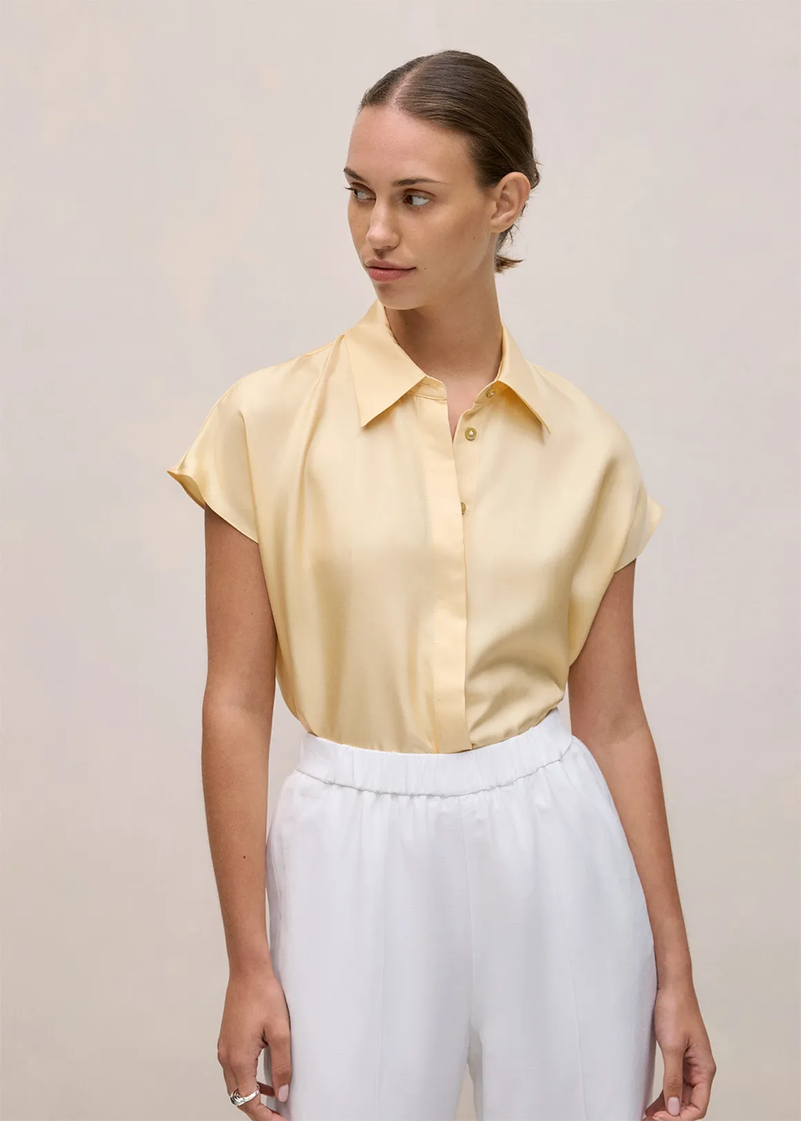 Silk Twill Cap Sleeve Shirt - BUTTER
