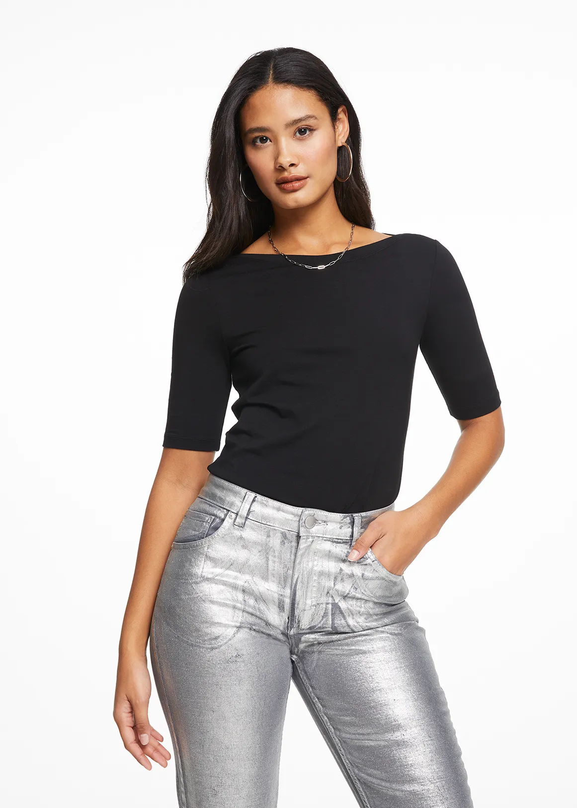 Slash Neck Modal Blend T-shirt - BLACK