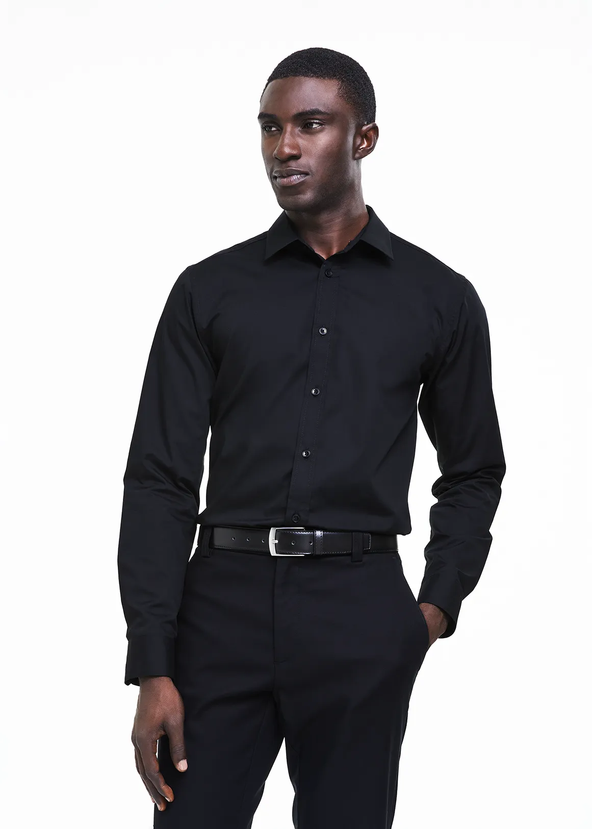 Slim Fit Cotton Rich Plain Shirt - BLACK