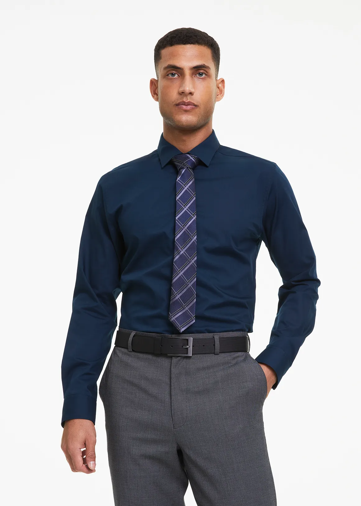 Slim Fit Cotton Rich Plain Shirt - NAVY