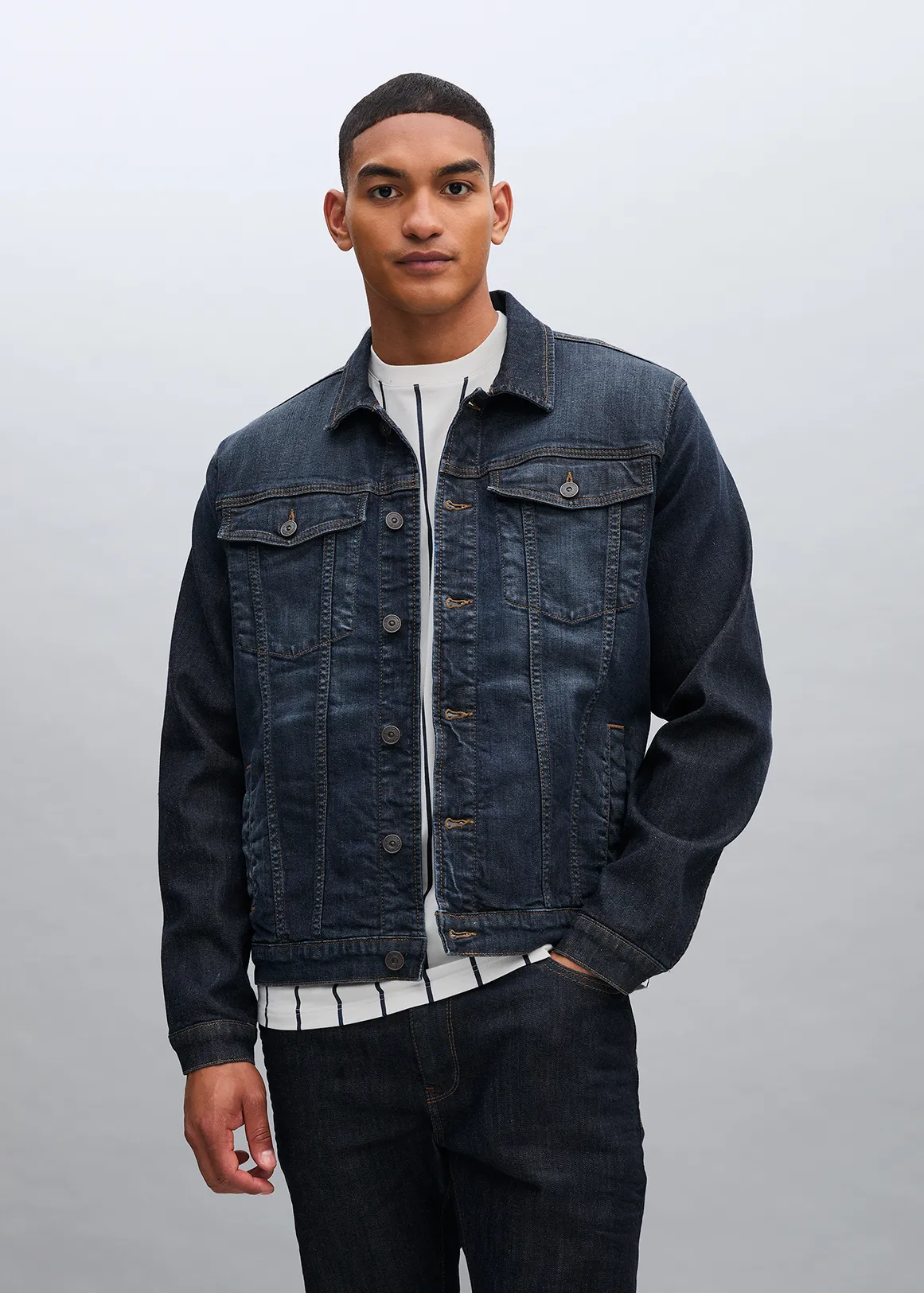 Slim Fit Denim Trucker Jacket - DEEP BLUE