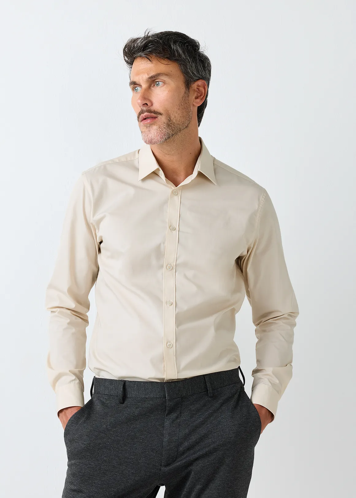 Slim Fit Easy Care Cotton Blend Shirt - NATURAL