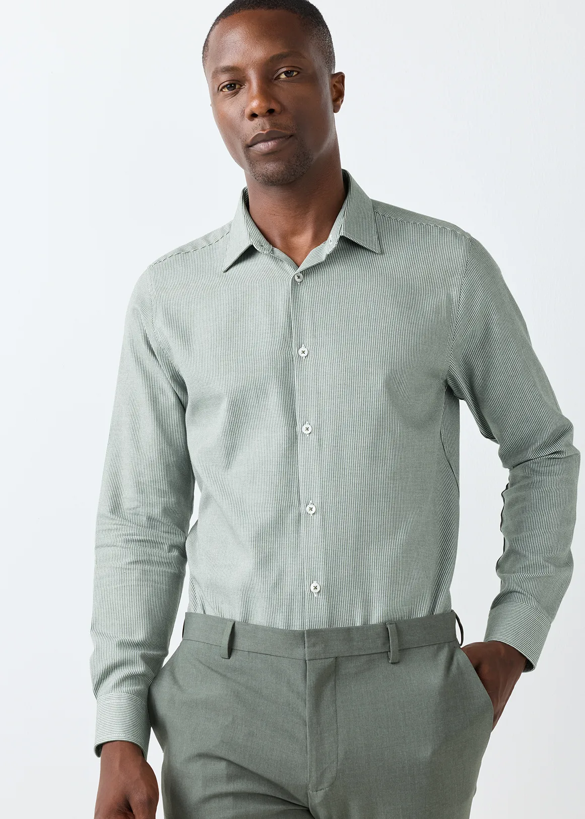 Slim Fit Easy Care Cotton Rich Sage Printed Shirt