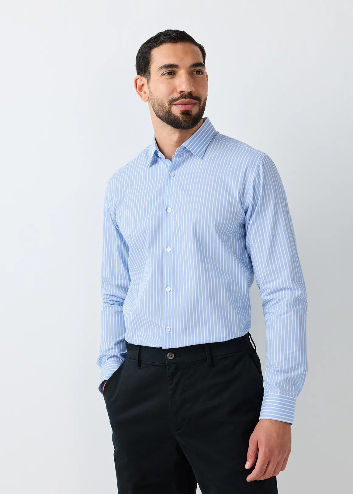 Slim Fit Easy Care Cotton Rich Striped Shirt - BLUE