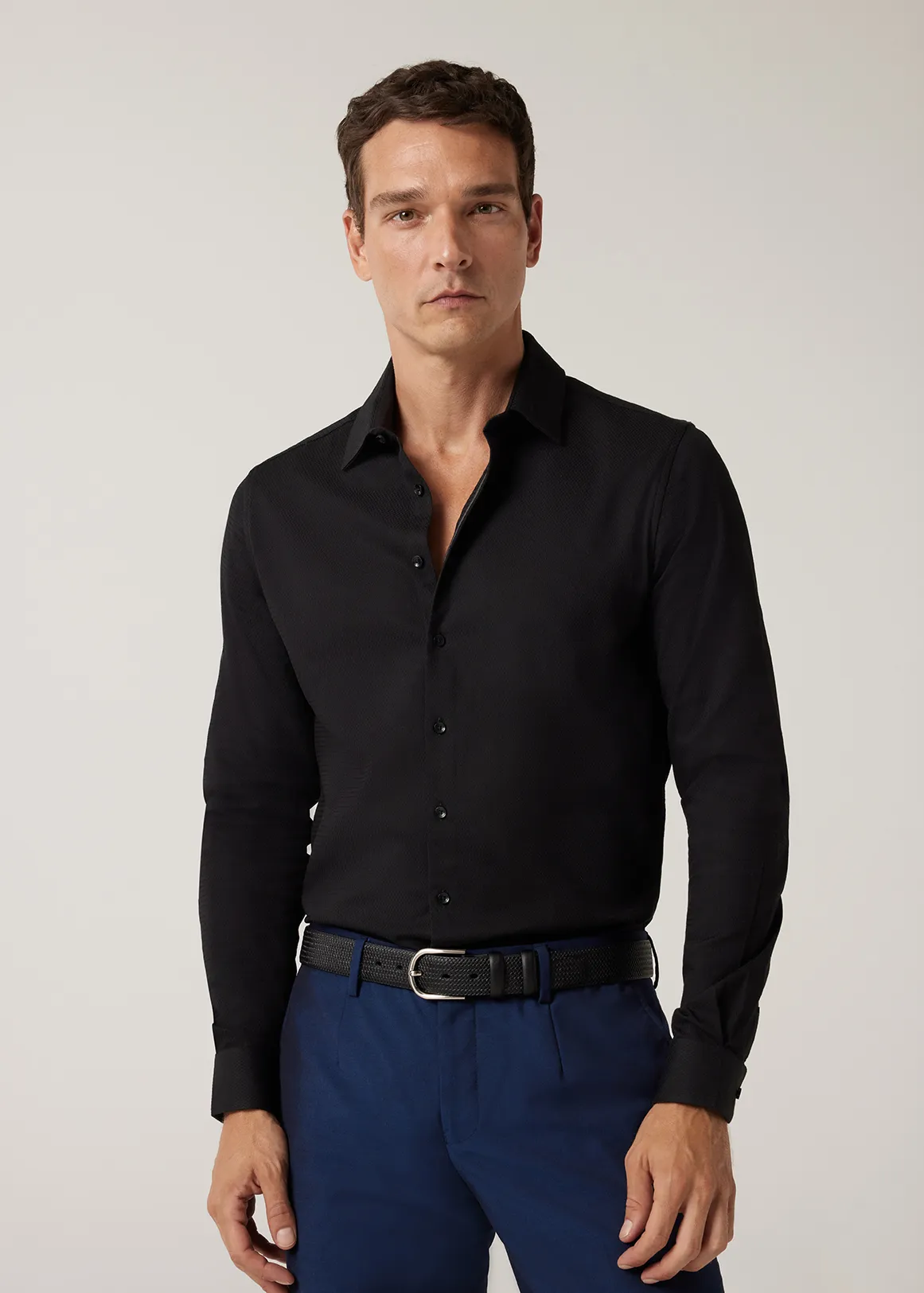 Slim Fit Long Sleeve Textured Dress Shirt - BLACK