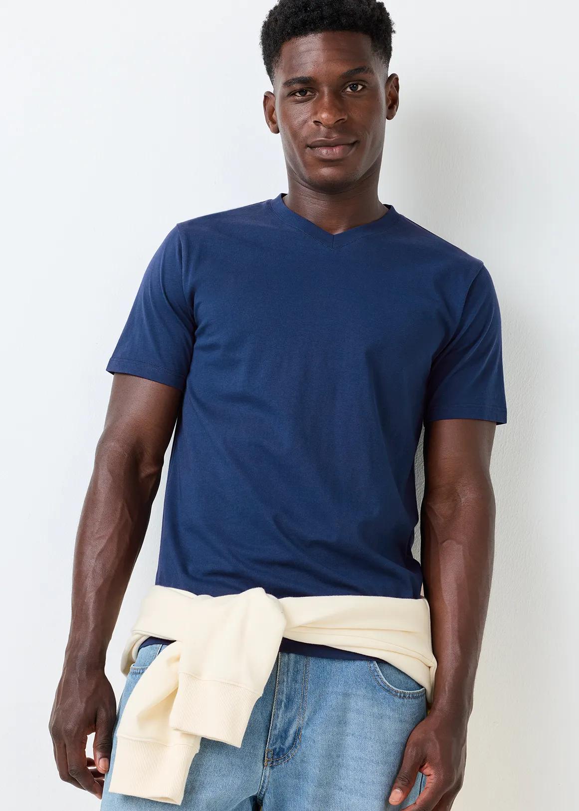 Slim Fit V-neck Cotton T-shirt - DARK BLUE