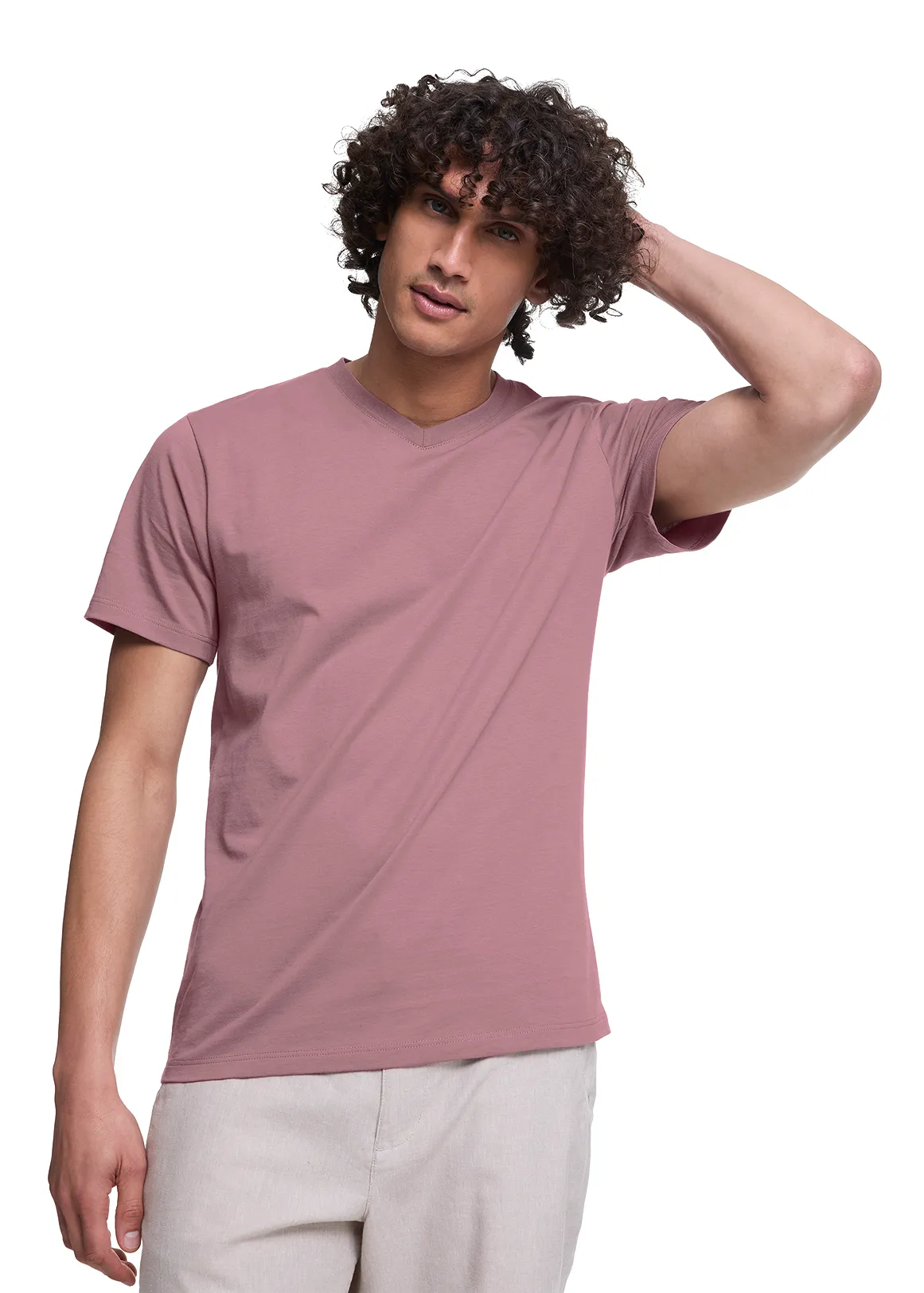 Slim Fit V-neck Cotton T-shirt - DARK PINK