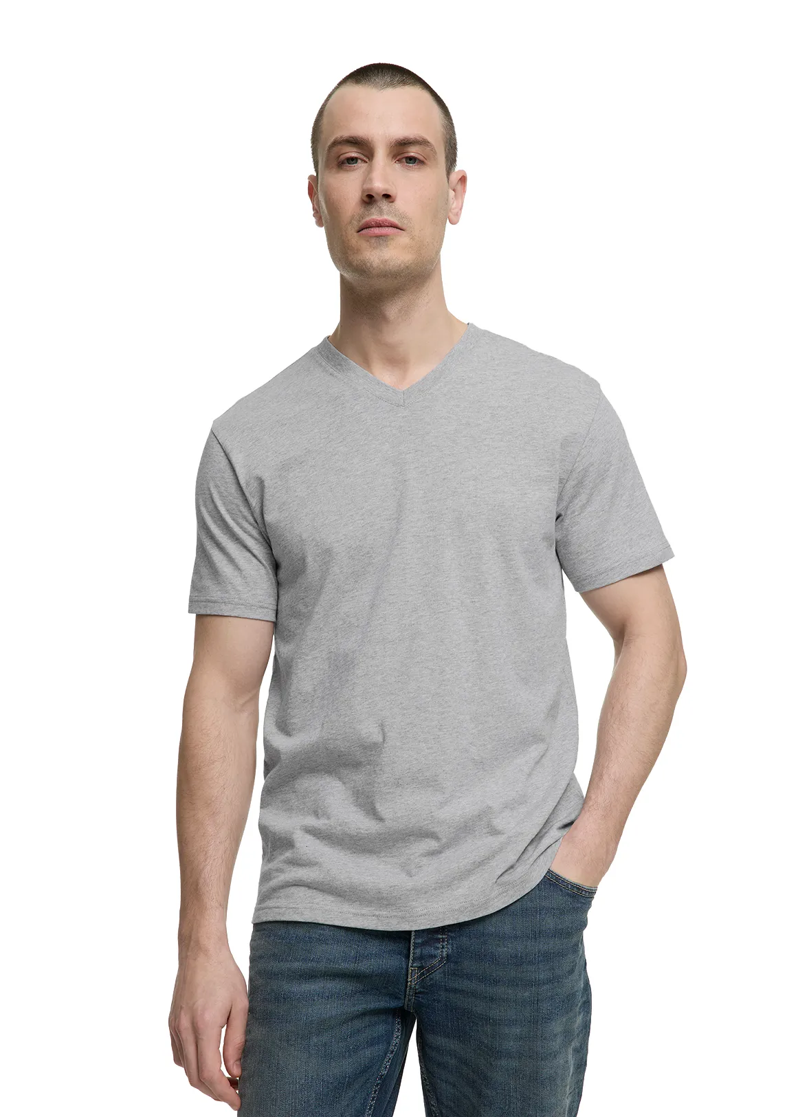 Slim Fit V-neck Cotton T-shirt - GREY MELANGE