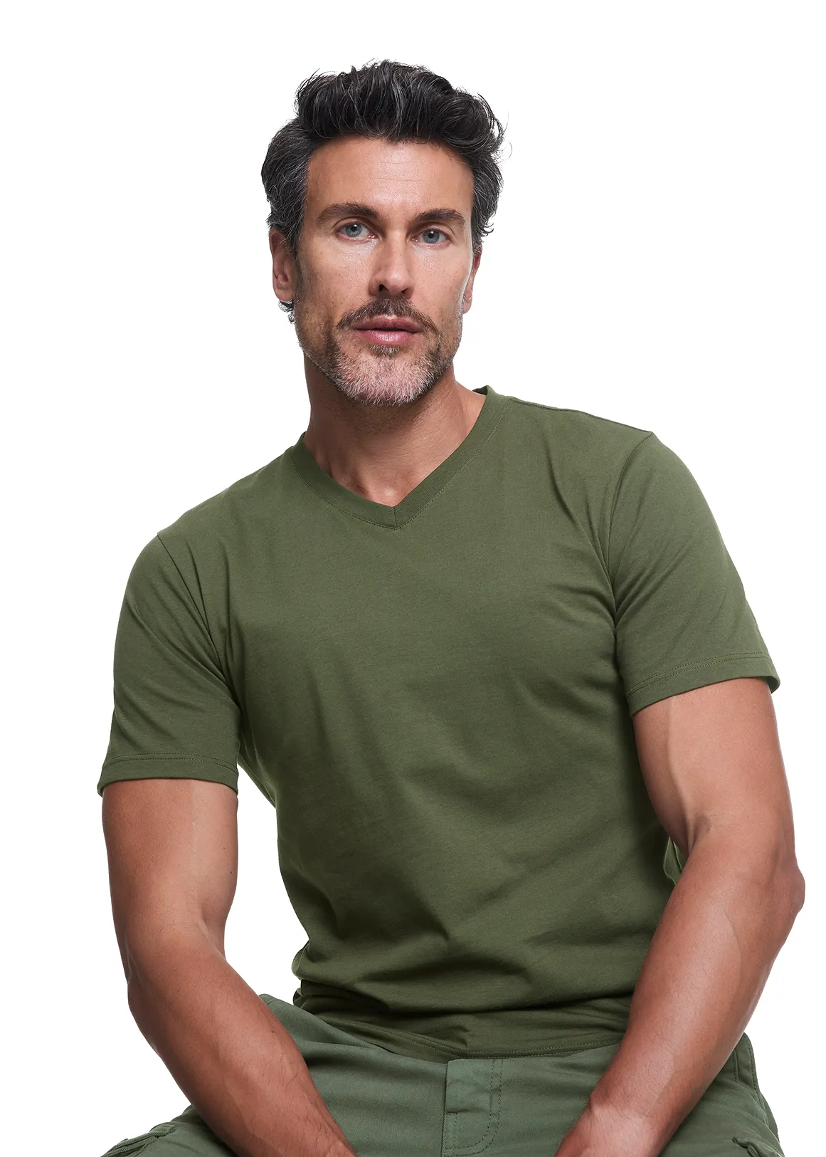Slim Fit V-neck Cotton T-shirt - KHAKI