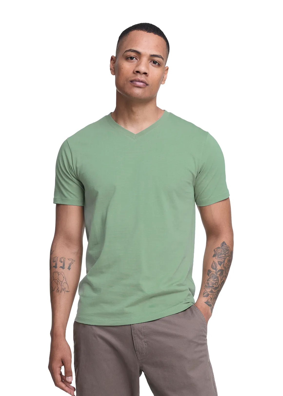 Slim Fit V-neck Cotton T-shirt - SAGE