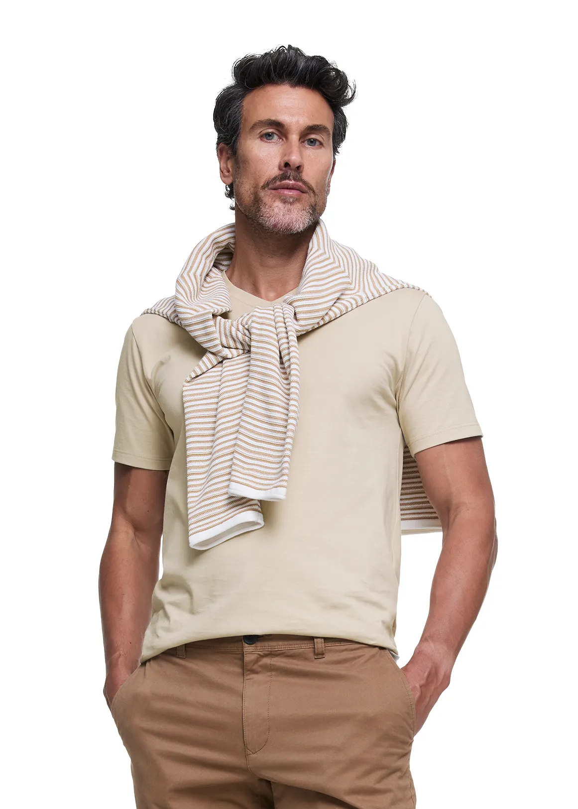 Slim Fit V-neck Cotton T-shirt - STONE