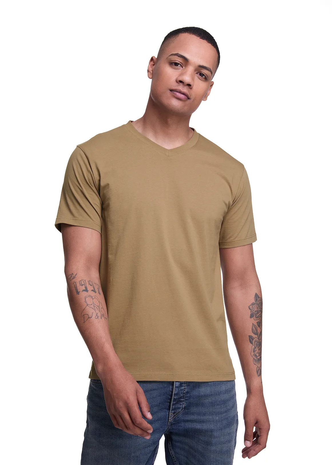 Slim Fit V-neck Cotton T-shirt - TAUPE