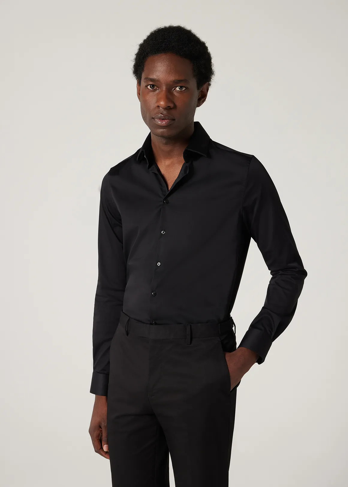 Slim Sateen Long Sleeve Shirt - BLACK