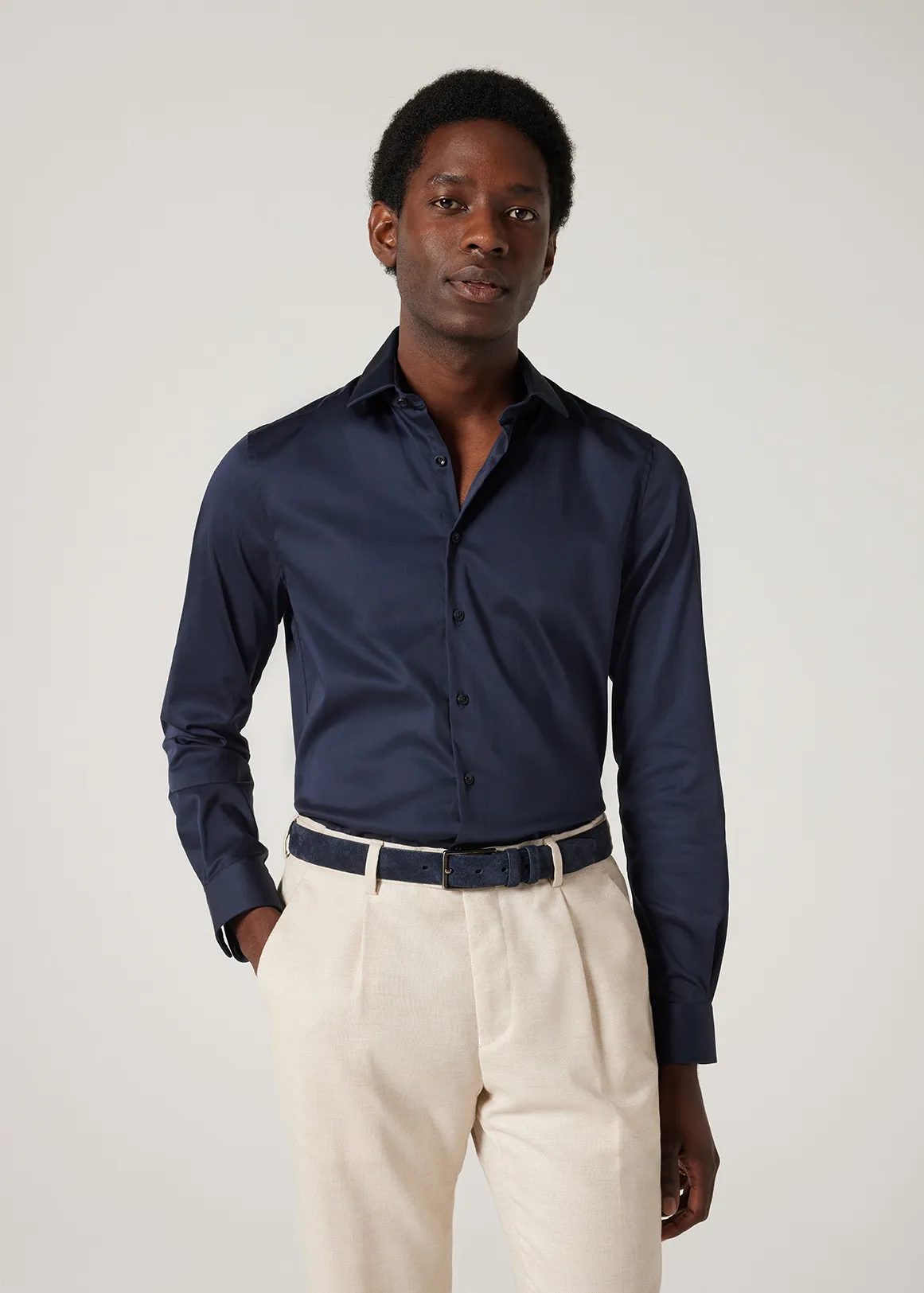 Slim Sateen Long Sleeve Shirt - NAVY