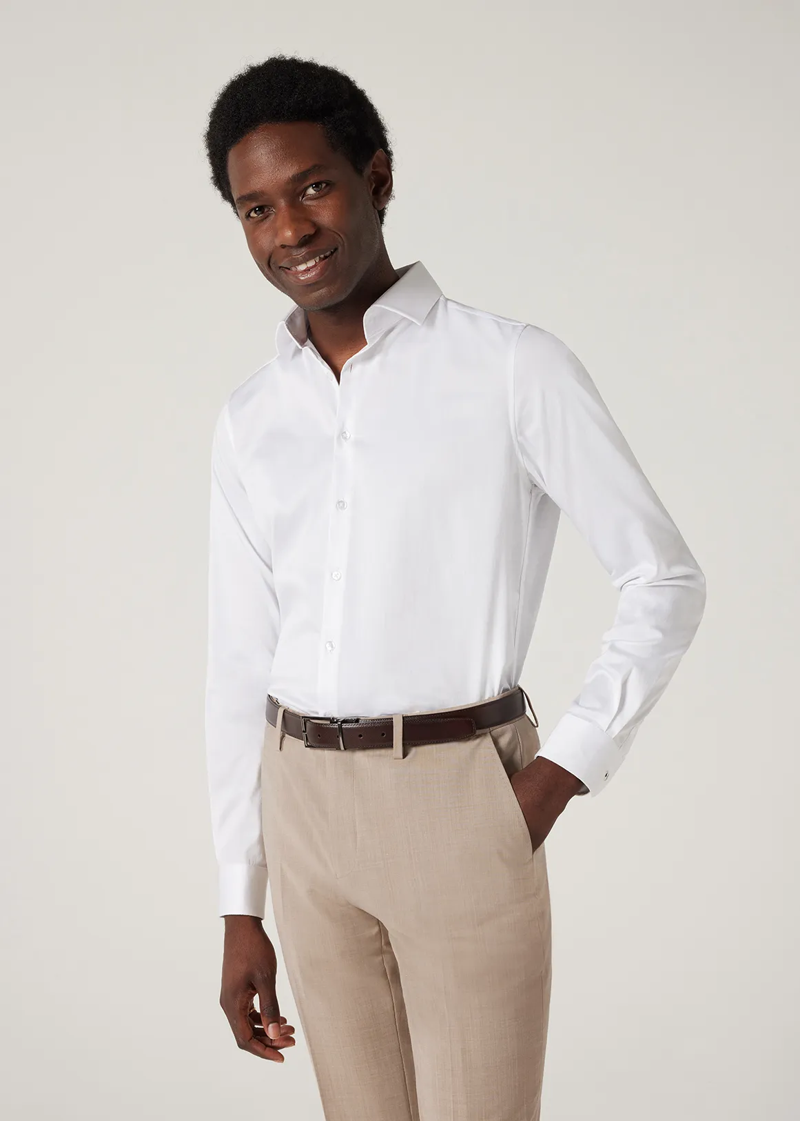 Slim Sateen Long Sleeve Shirt - WHITE