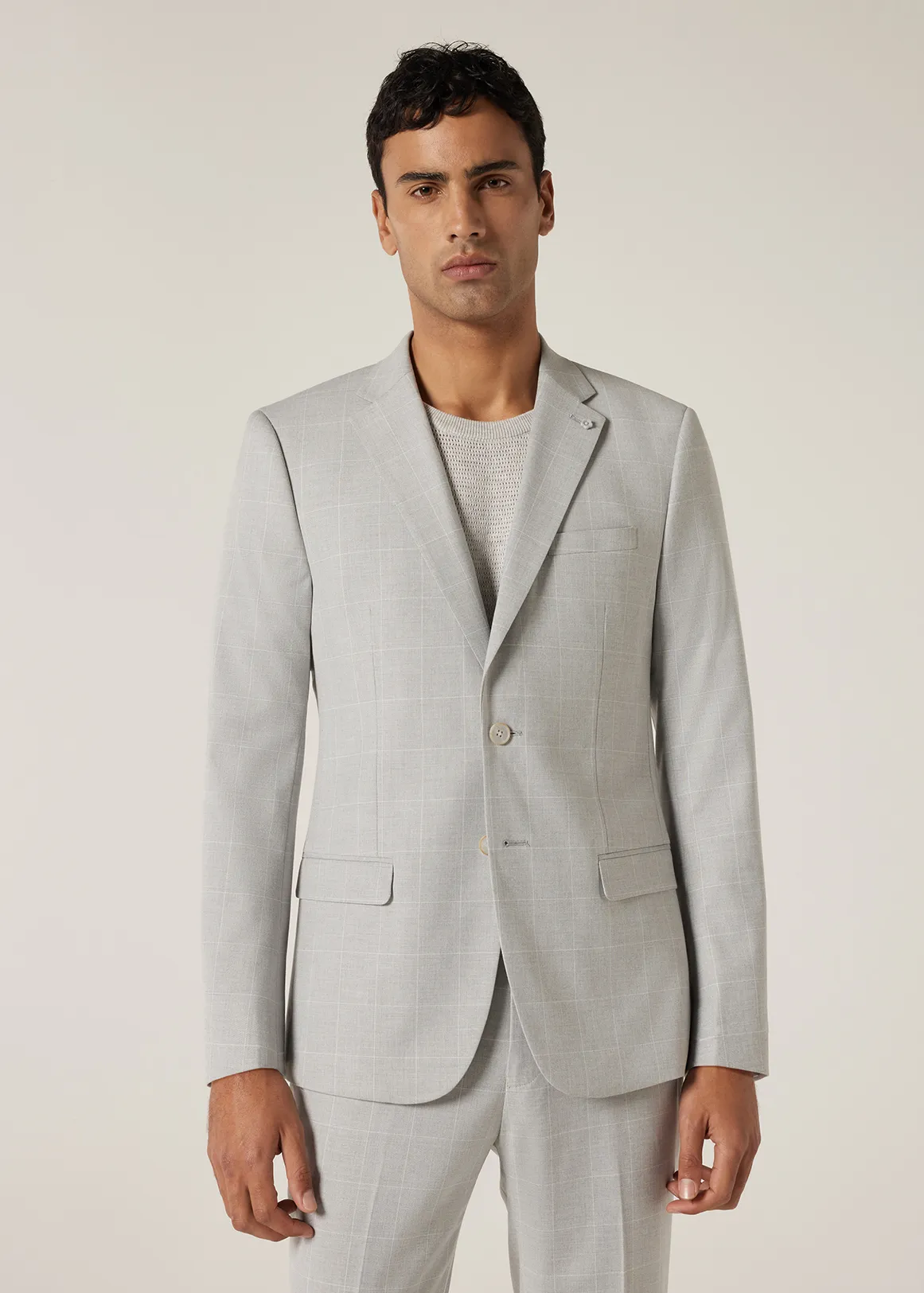 Slim Stretch Windowpane Check Tailored Jacket - GREY CHECK