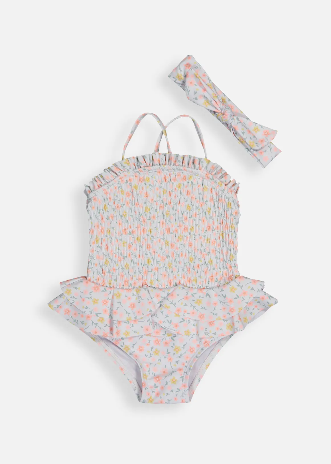 Smocked Swimsuit & Headband Set - X CORAL