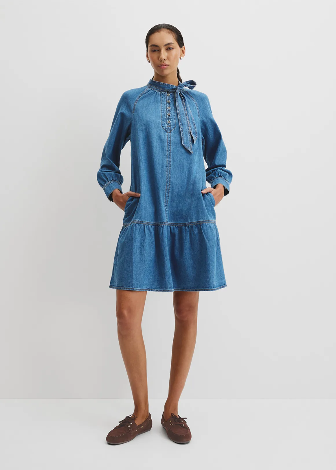 Soft Denim Smock Dress - MID BLUE WASH