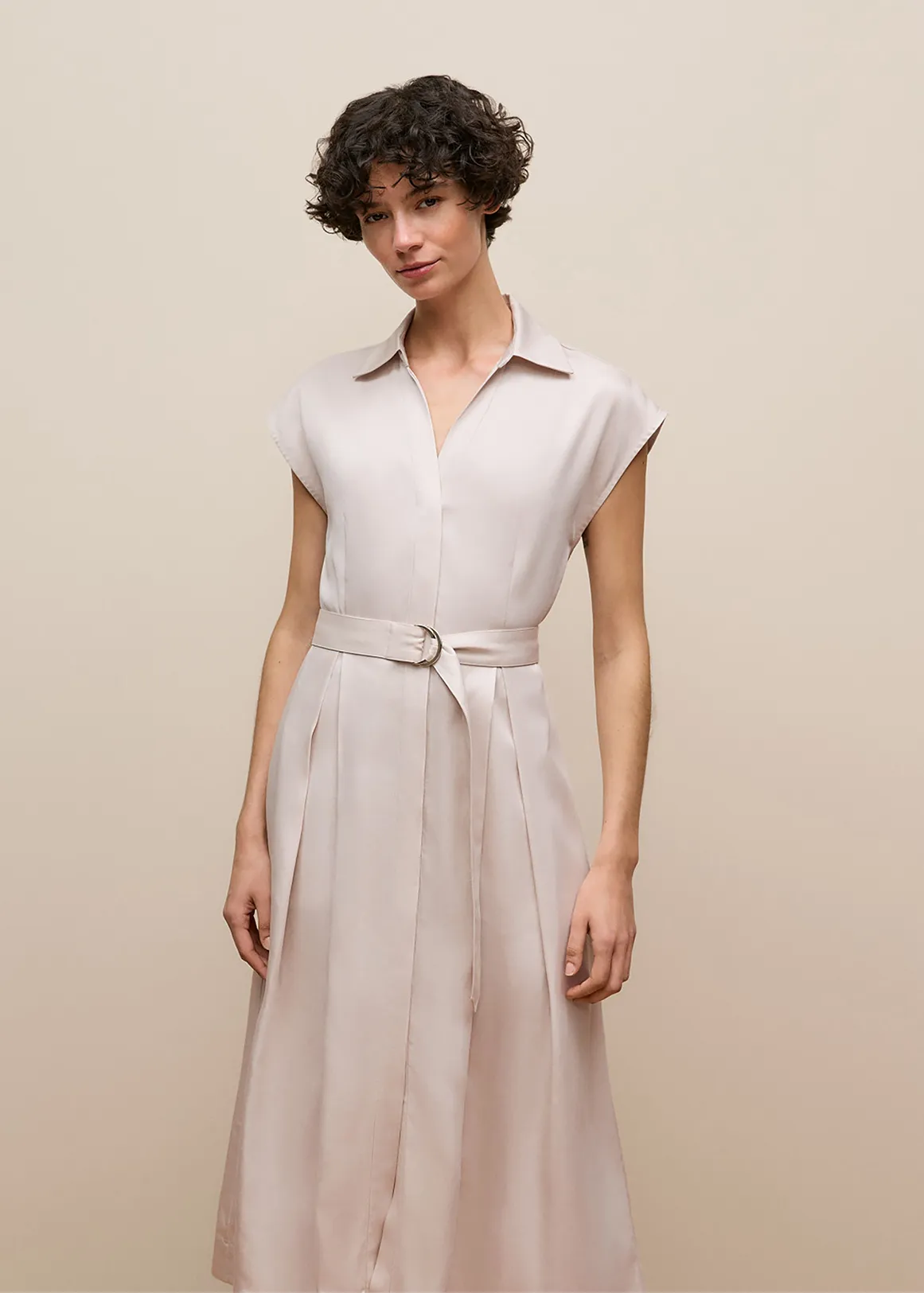 Soft Pleat Belted Dress - STONE
