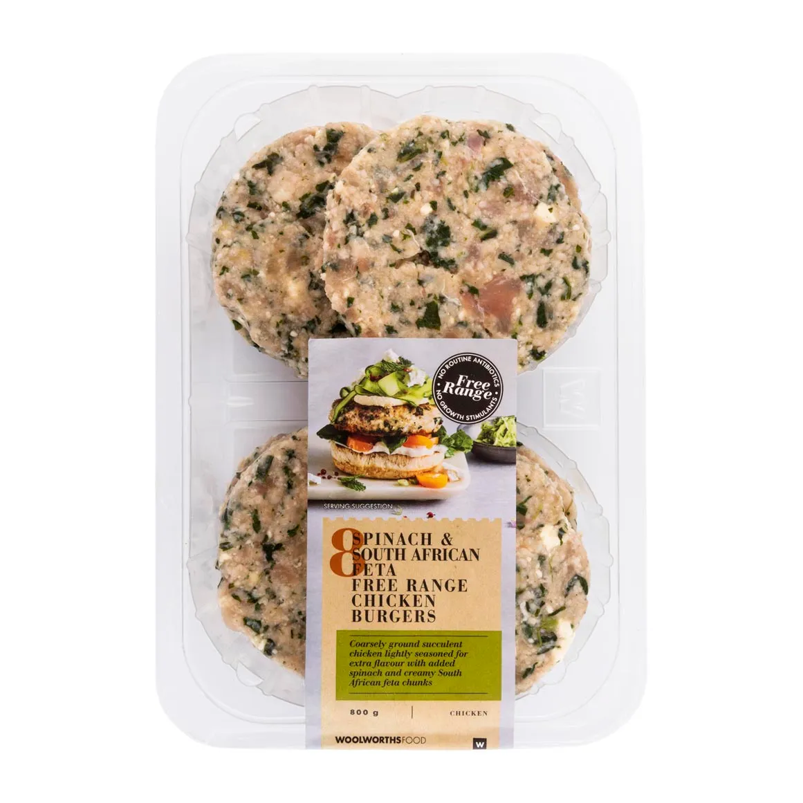 Spinach & South African Feta Free Range Chicken Burgers 800 g