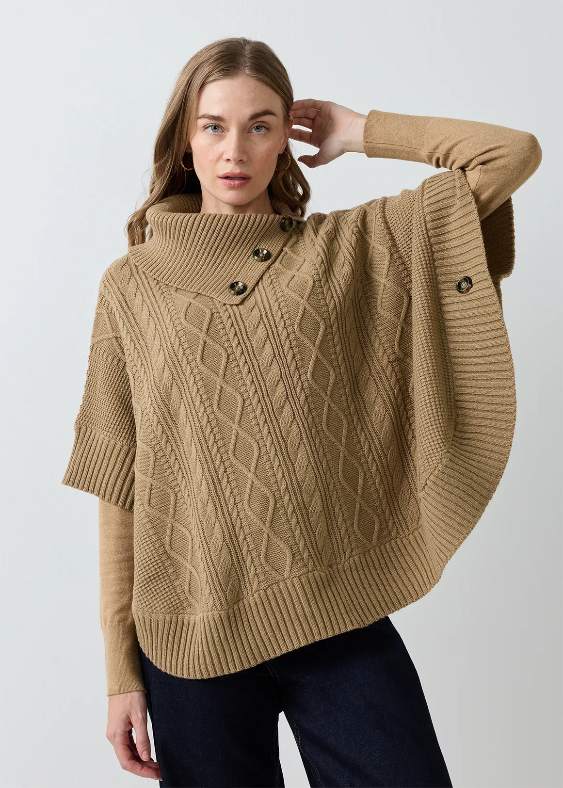 Split Collar Poncho - NATURAL
