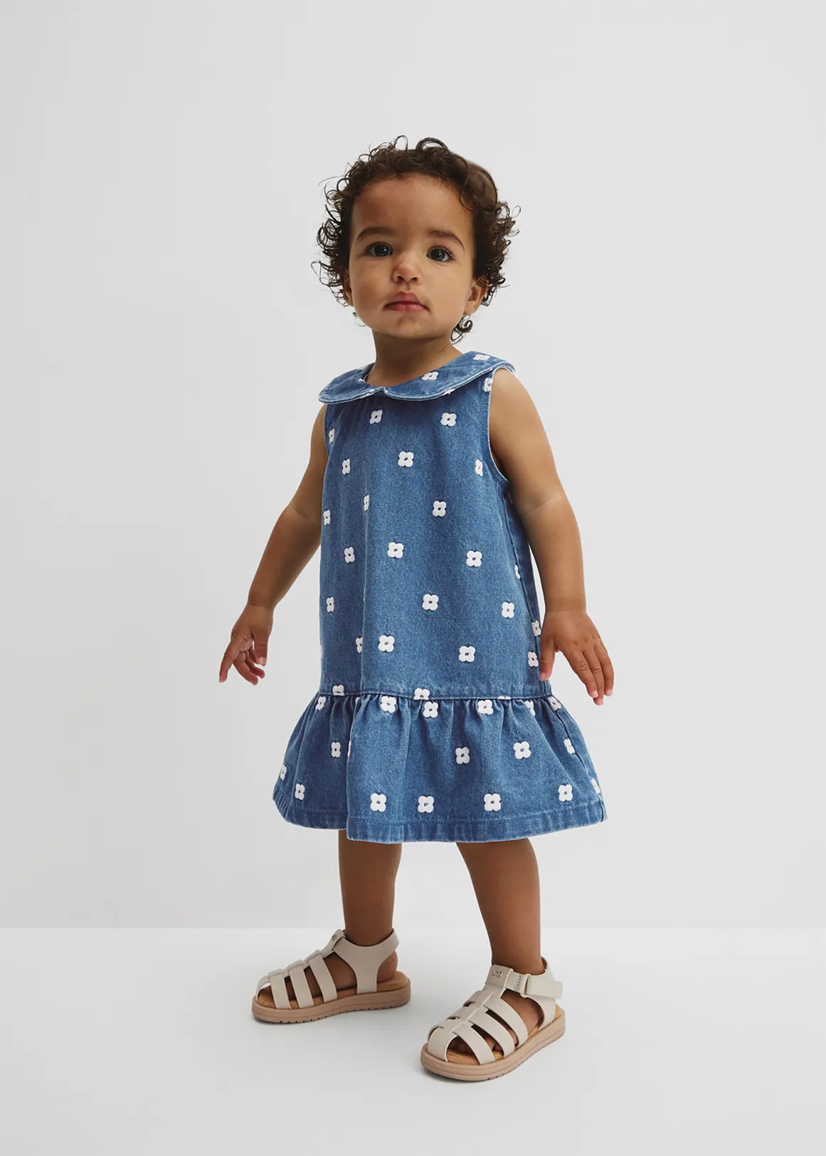 Spot Embroidered Denim Mini Dress - MID BLUE WASH