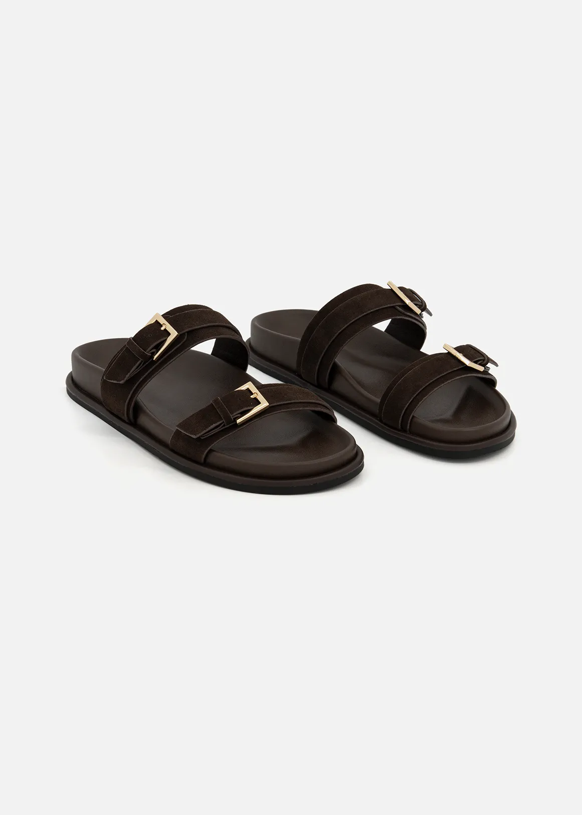 Square Buckle Double Strap Recycled Suede Mules - BROWN