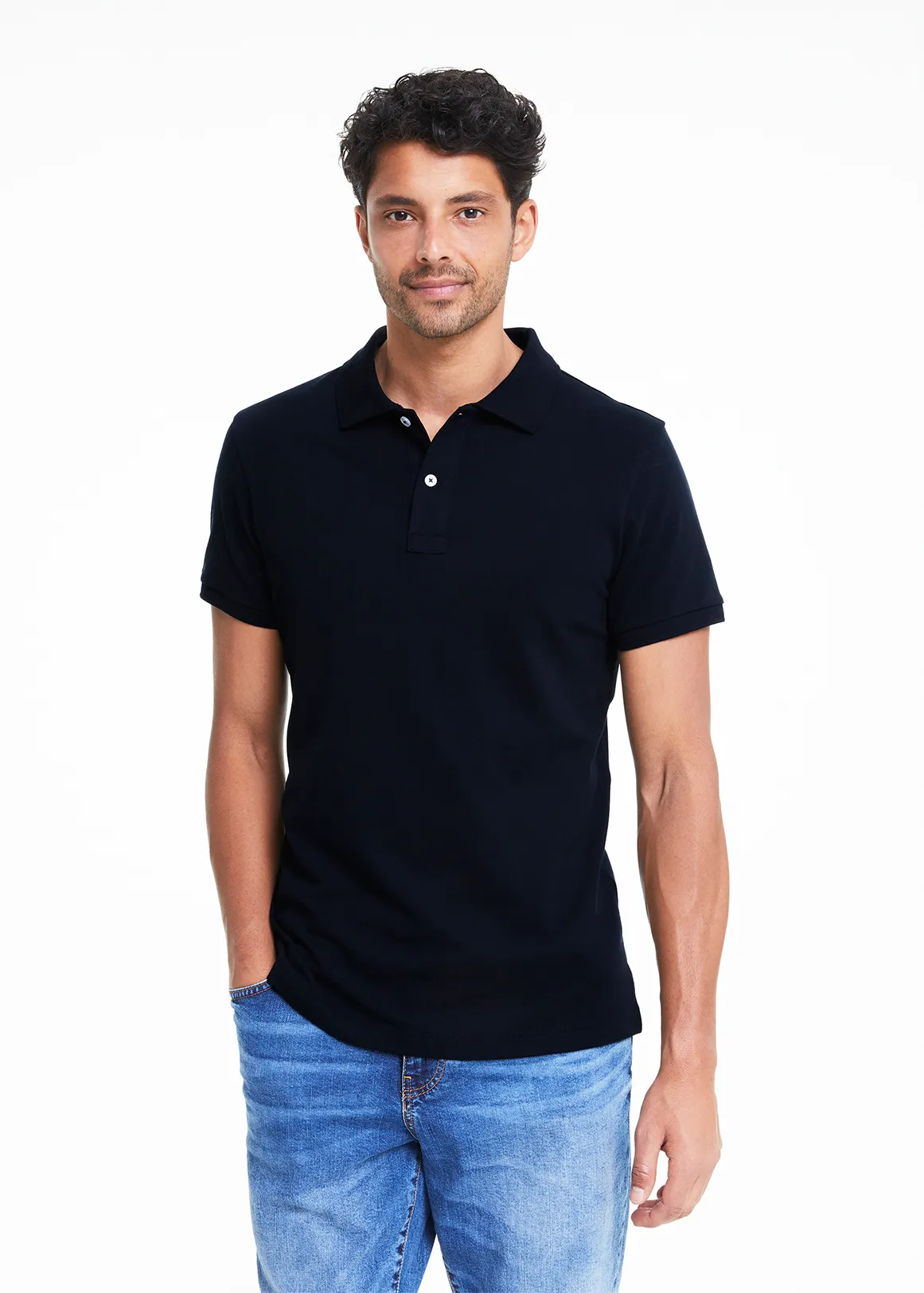 Stay New Slim Fit Cotton Pique Golfer - NAVY