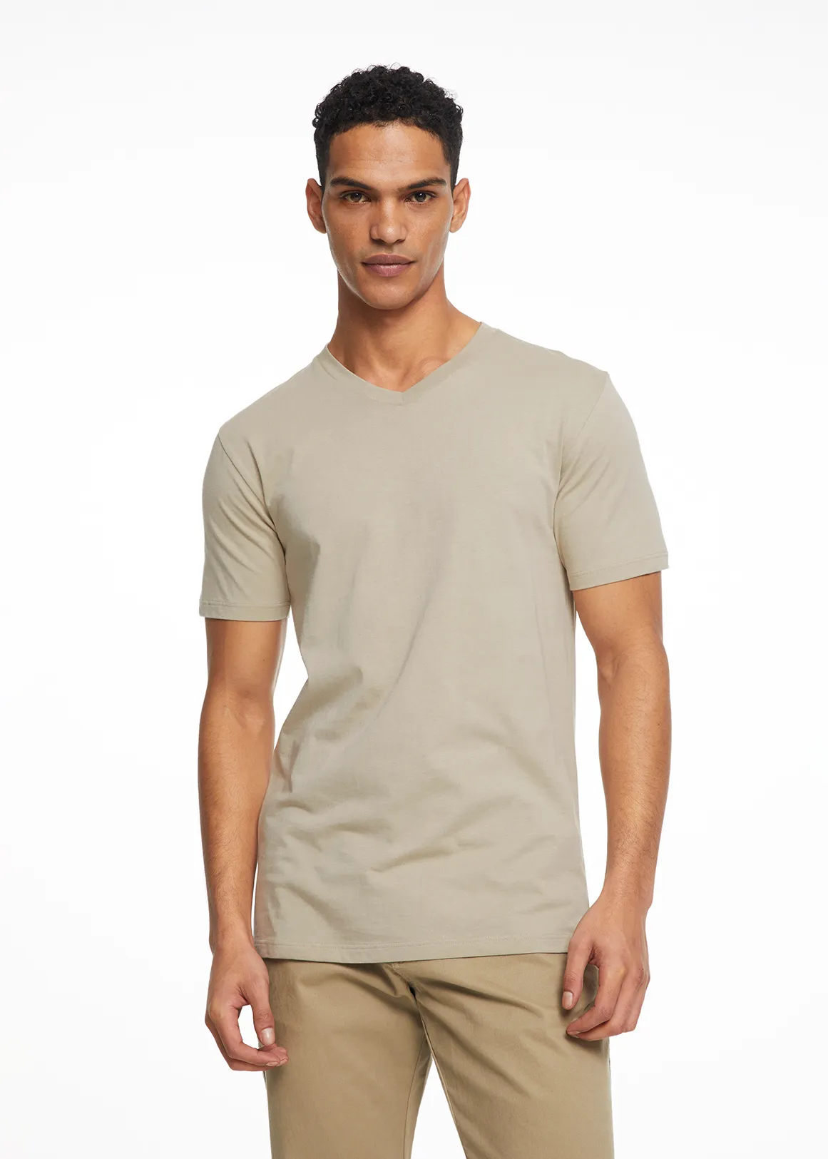 StayNew Plain Slim Fit V-neck Cotton T-shirt - STONE