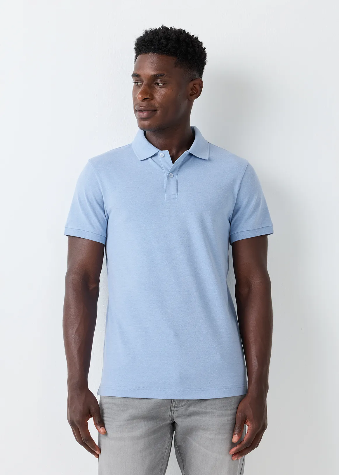 StayNew Slim Fit Stretch Cotton Pique Golfer - BLUE MELANGE