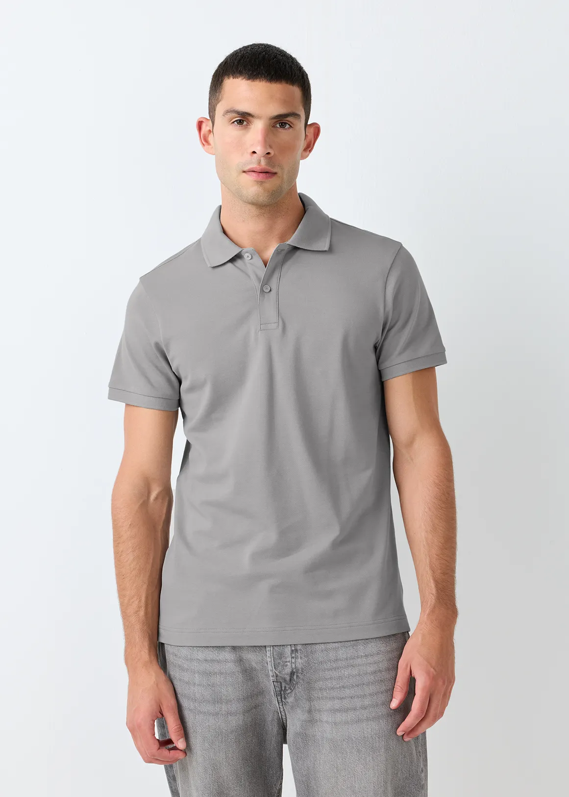 StayNew Slim Fit Stretch Cotton Pique Golfer - MEDIUM GREY