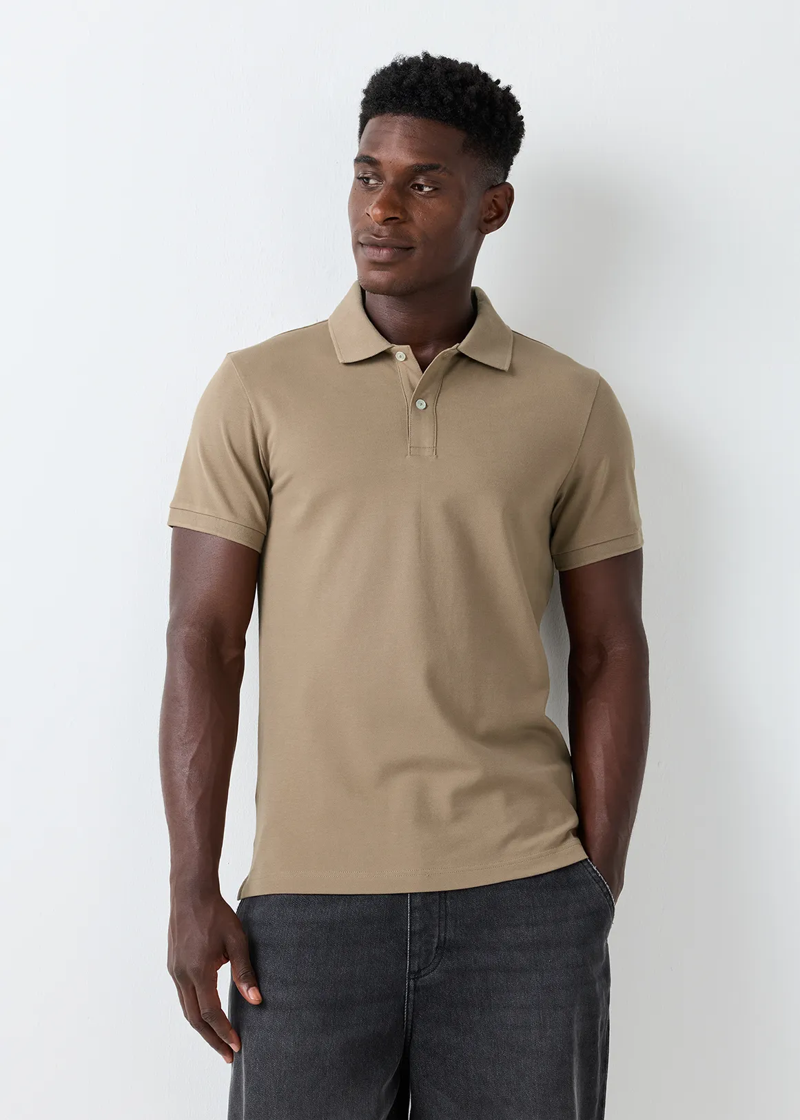 StayNew Slim Fit Stretch Cotton Pique Golfer - TAUPE