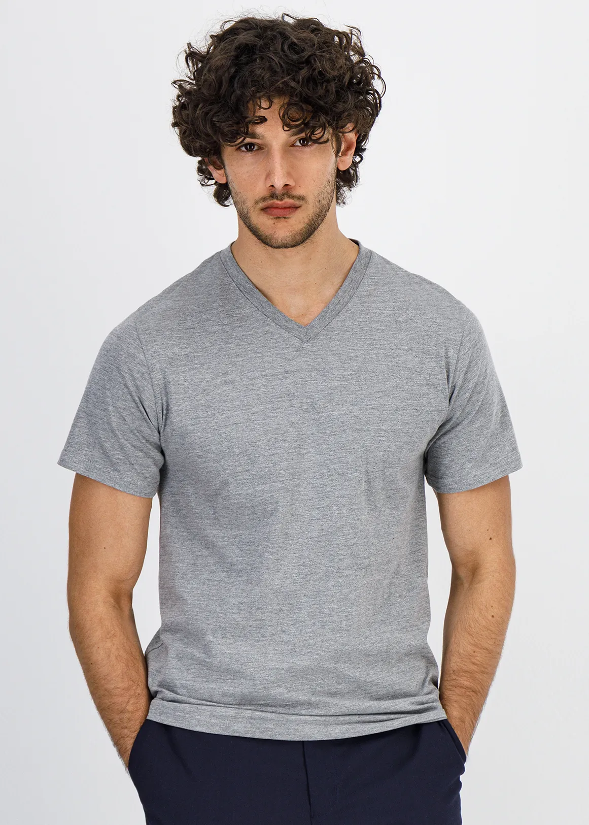StayNew V-neck Slim Fit Cotton T-shirt - GREY MELANGE