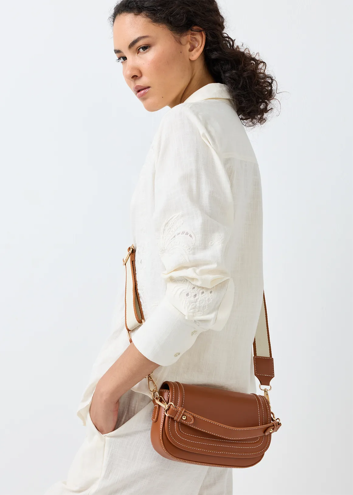 Stitch Saddle Crossbody Bag - TAN