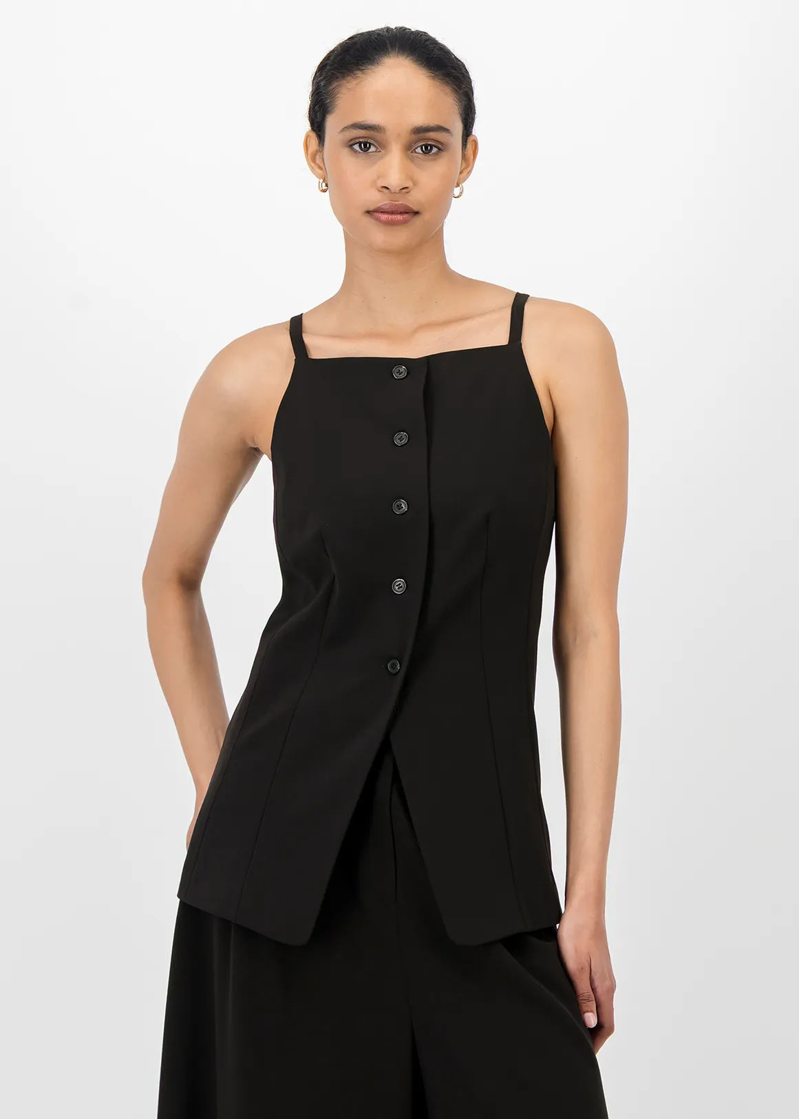 Strappy Square Neck Viscose Blend Waistcoat - BLACK