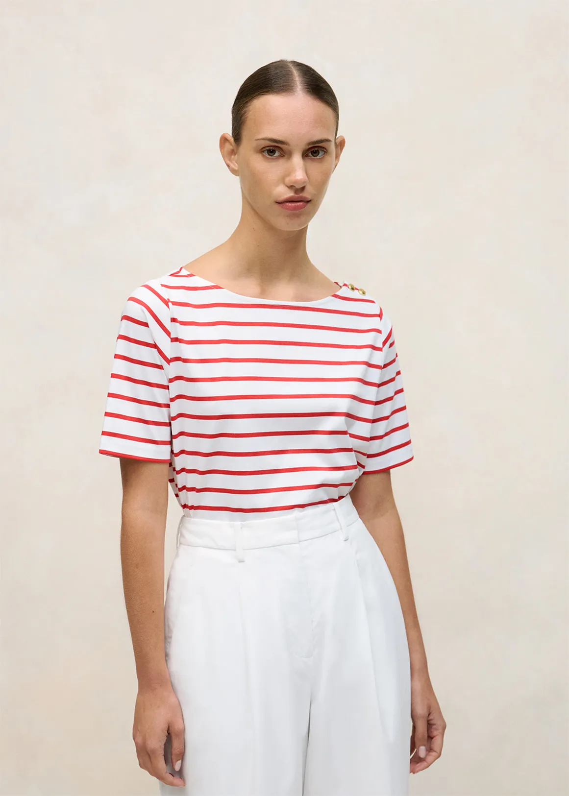 Stripe Boat Neck Tee - CRIMSON