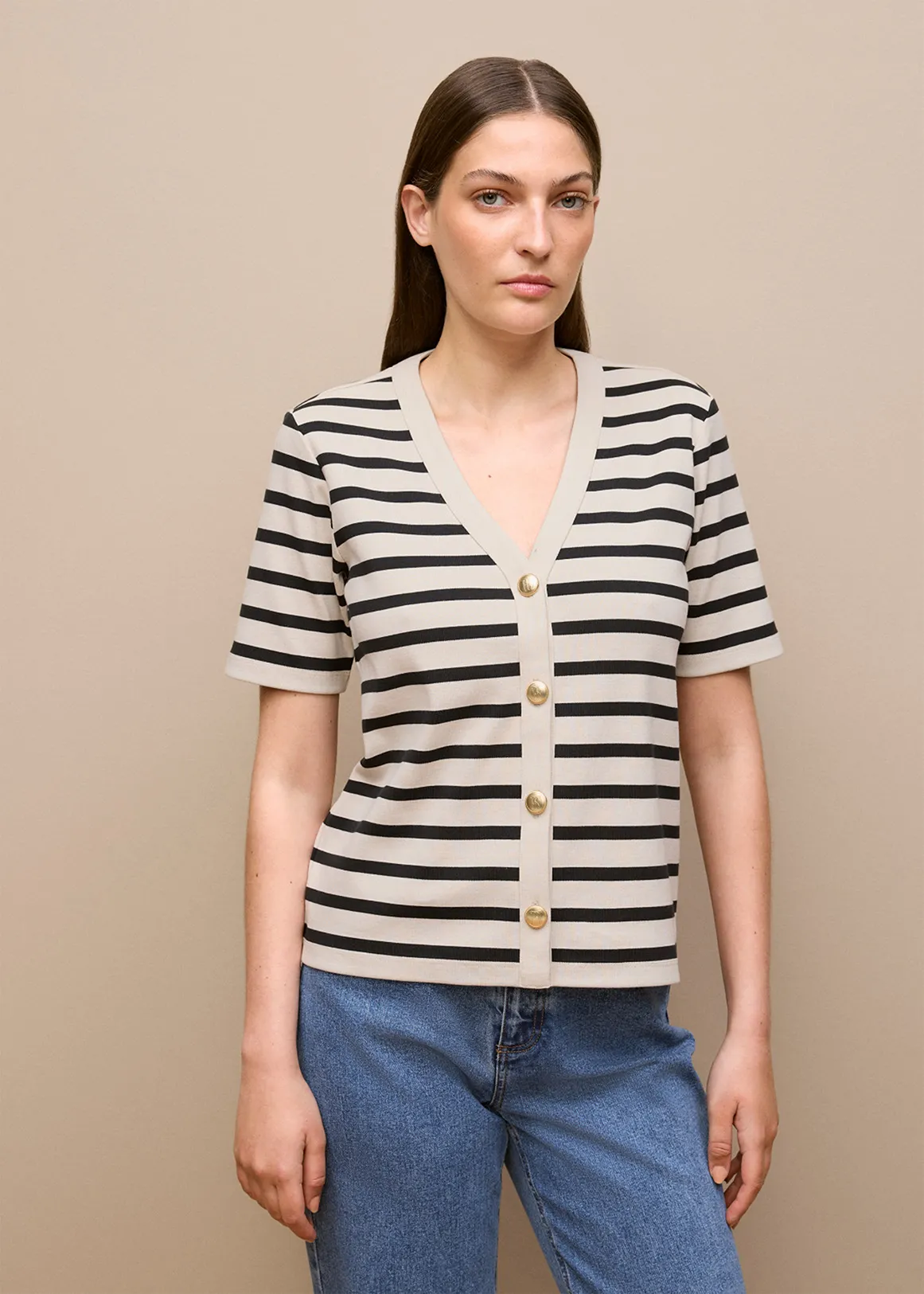 Stripe Rib Button Through Top - STONE