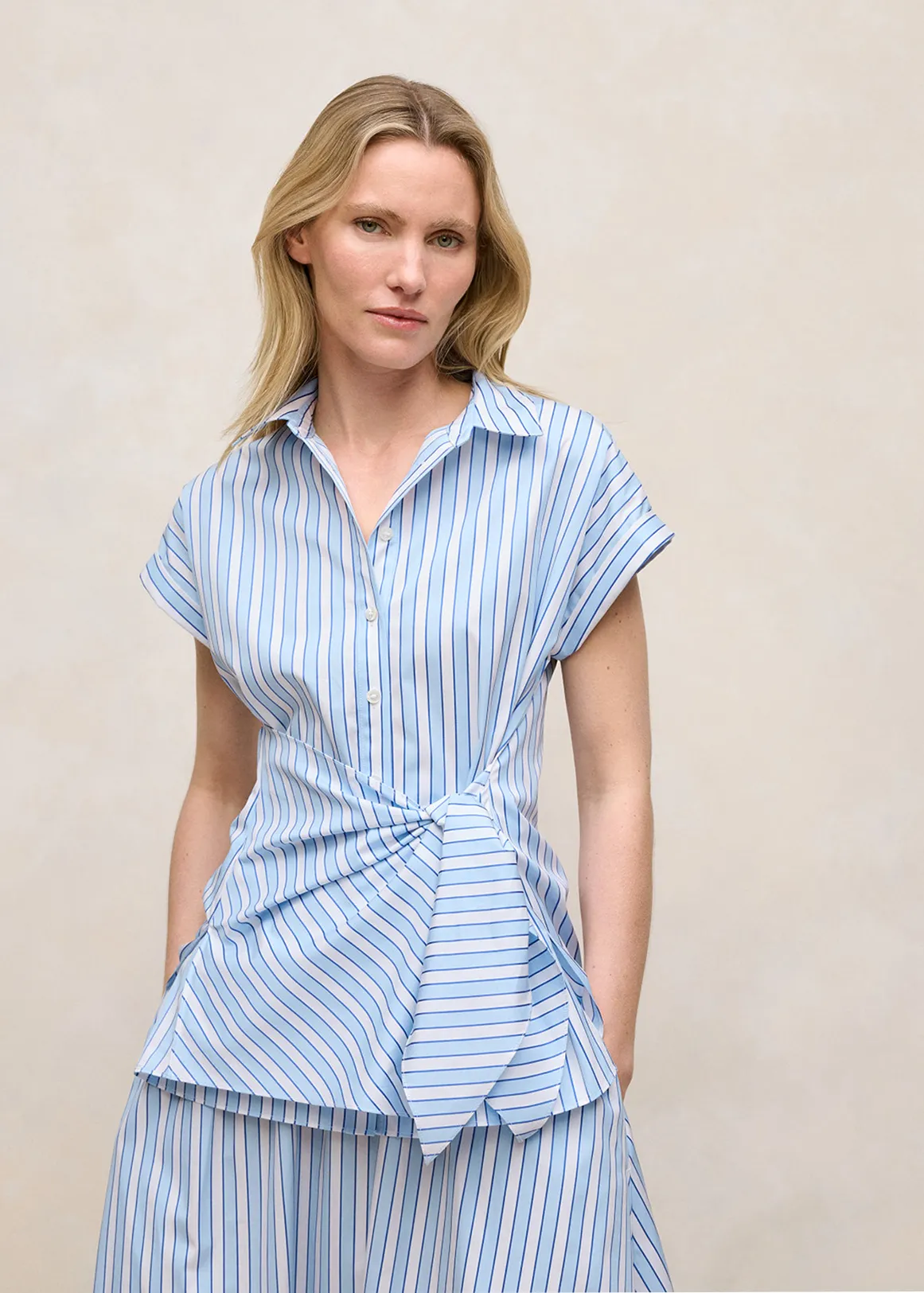 Stripe Tie Front Short Sleeve Shirt - PASTEL BLUE