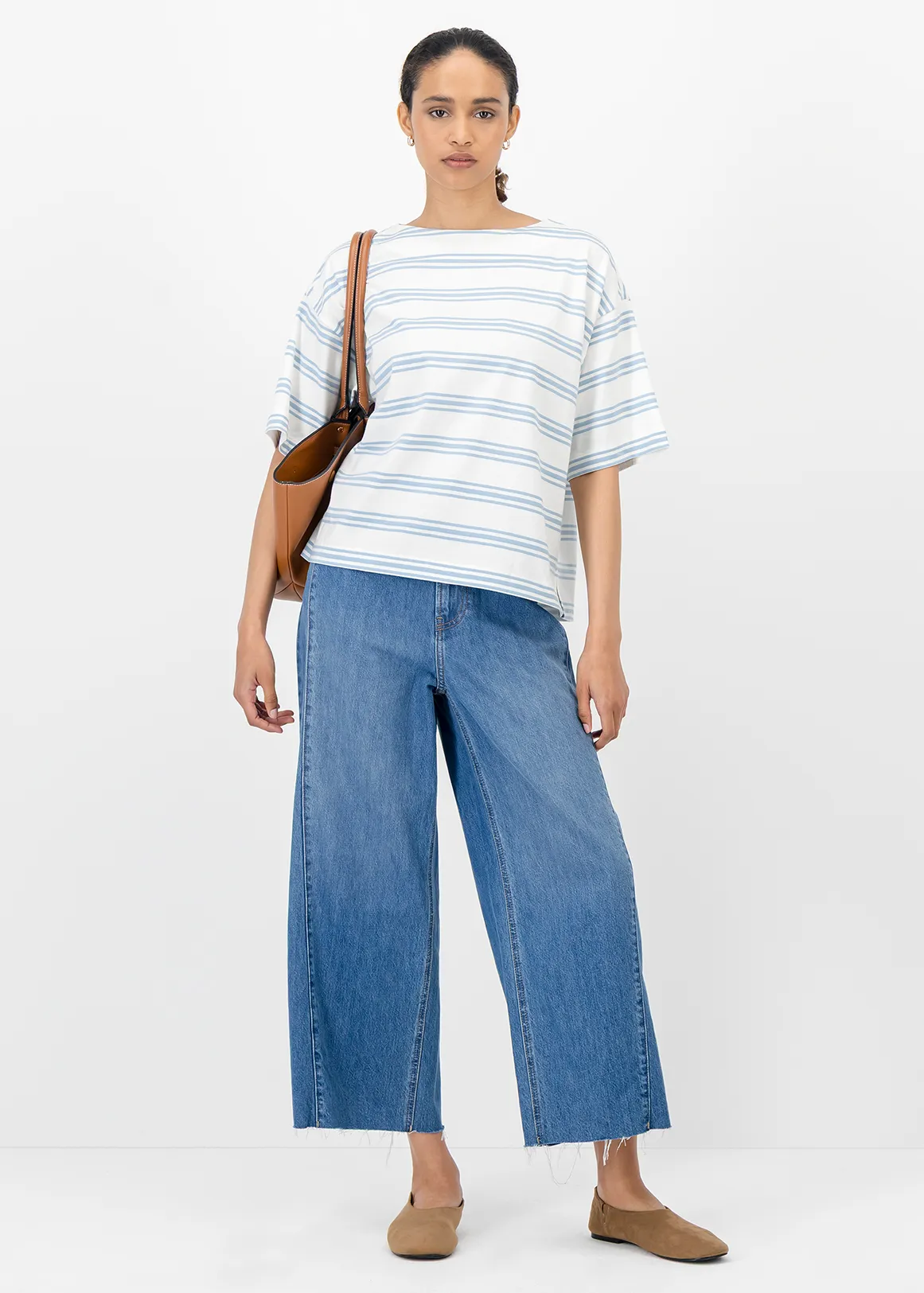 Striped Boat Neck Cotton T-shirt - X BLUE