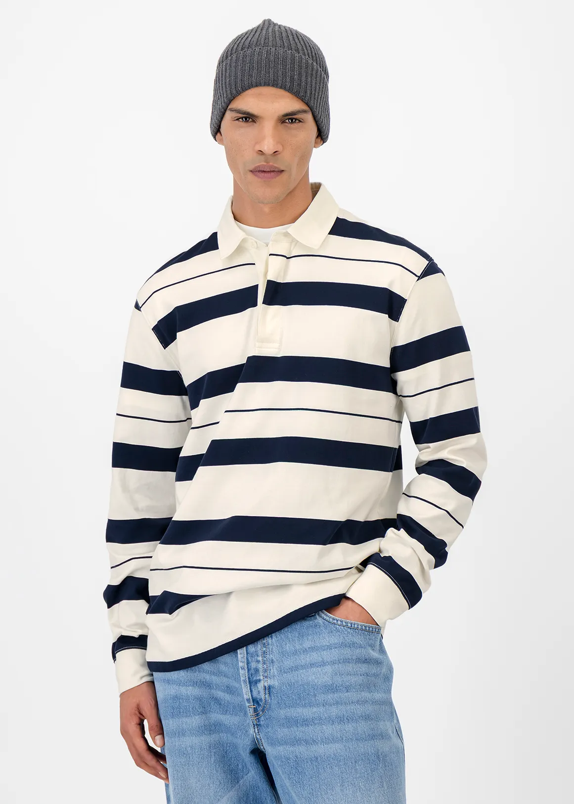 Striped Cotton Rugby Golfer - X NAVY
