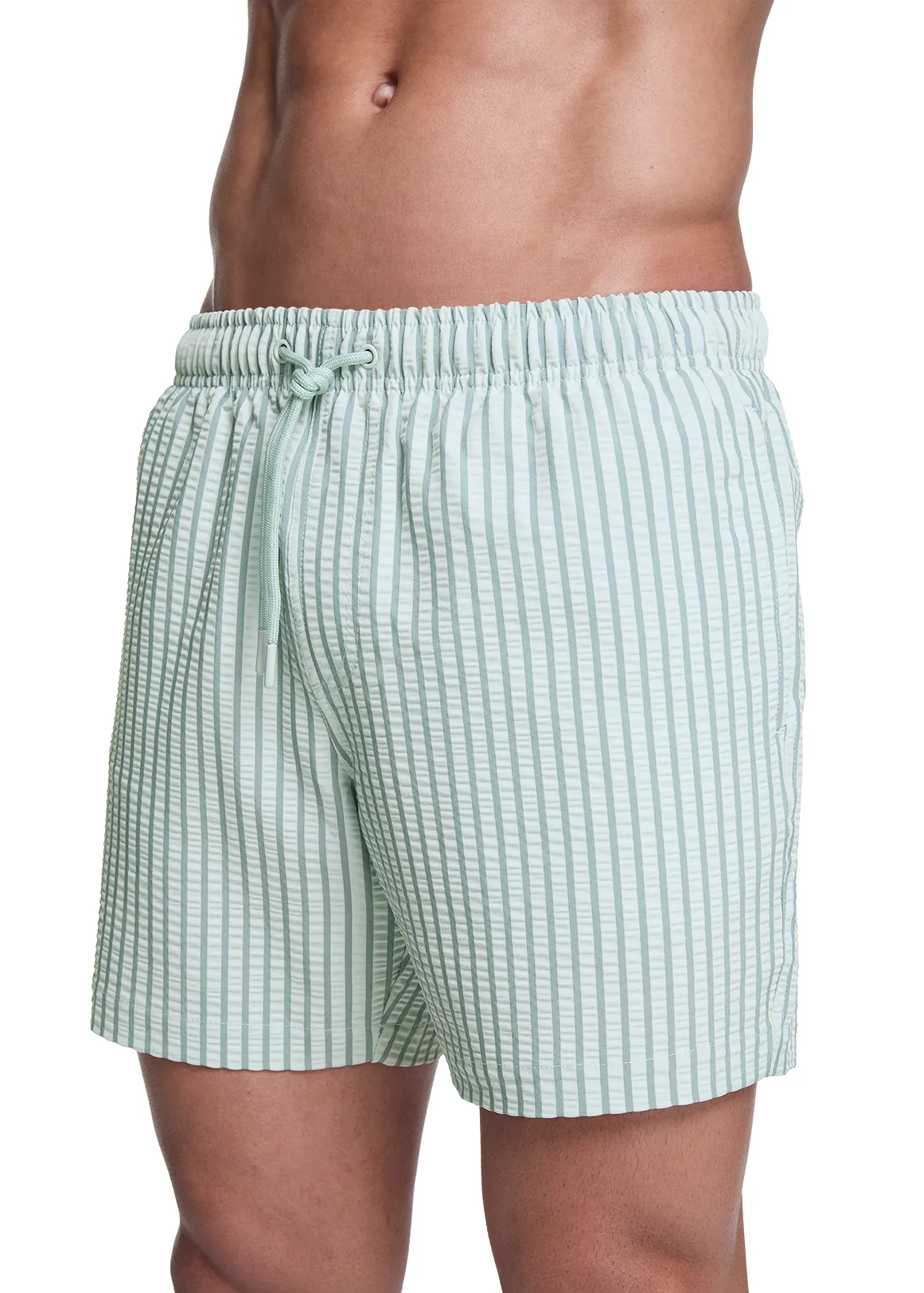 Striped Slim Fit Seersucker Mid Length Swim Shorts - MEDIUM BLUE