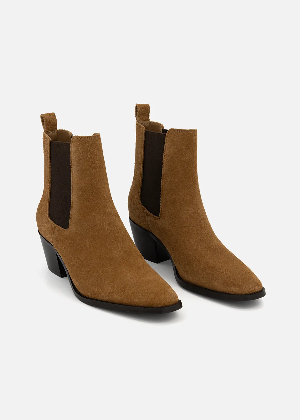 Suede Leather Block Heel Chelsea Boots - TAN