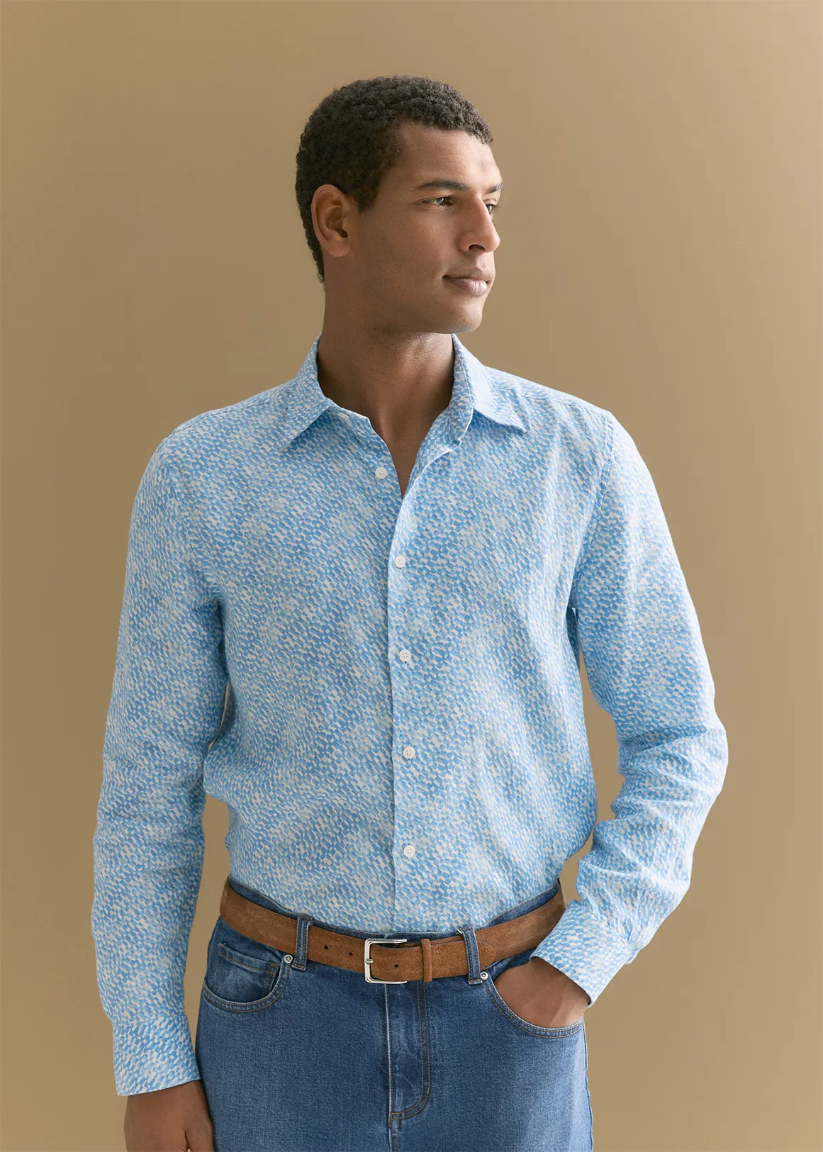 Tailored Fit Linen Abstract Tile Print Shirt - ROYAL BLUE