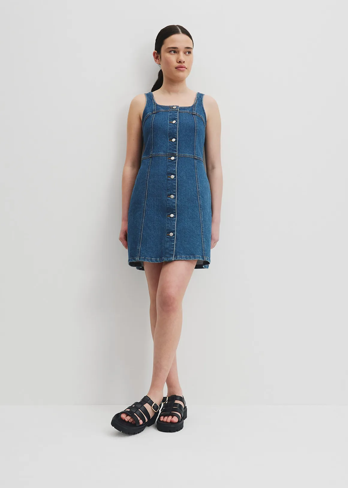 Teen Denim Mini Dress - MID BLUE WASH