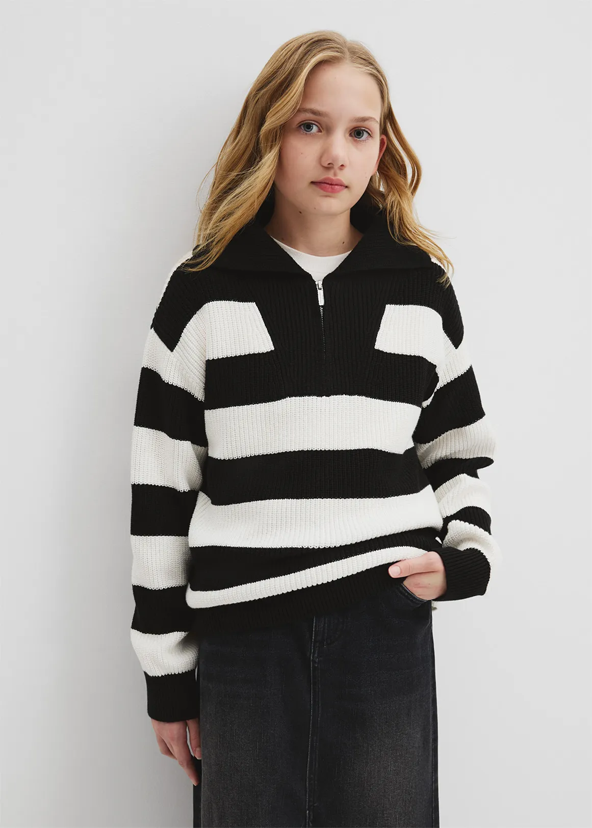 Teen Half Zip Stripe Knit - BLACK STRIPE
