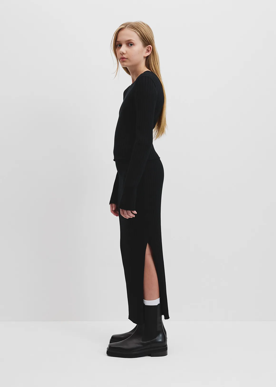Teen Organically Grown Cotton Rib Knit Midi Skirt - BLACK